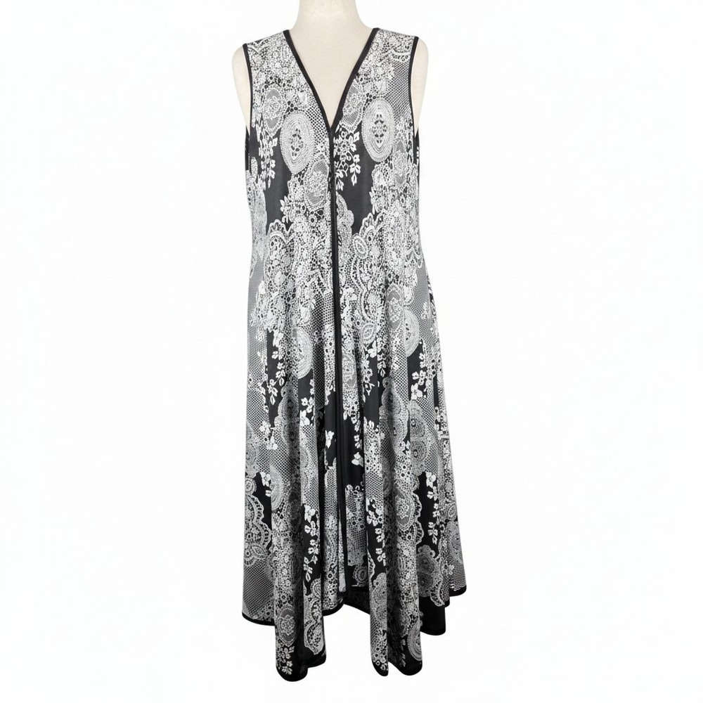 Calessa Sleeveless Maxi Black/White Dress Women's 1X Sharkbite Hem Art To Wear